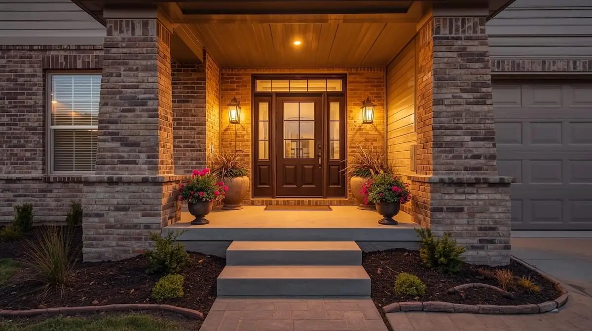 Front porch of a craftsman-style home in Owasso OK with potted plants and warm lighting.
