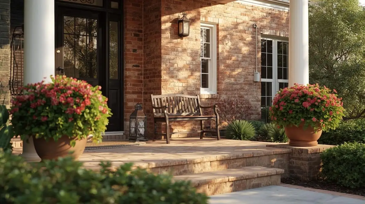 Inviting South Tulsa front porch with brick exterior, potted plants, and soft natural light.