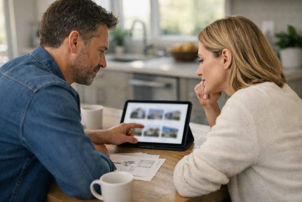 Couple reviewing home options on a laptop at a kitchen table