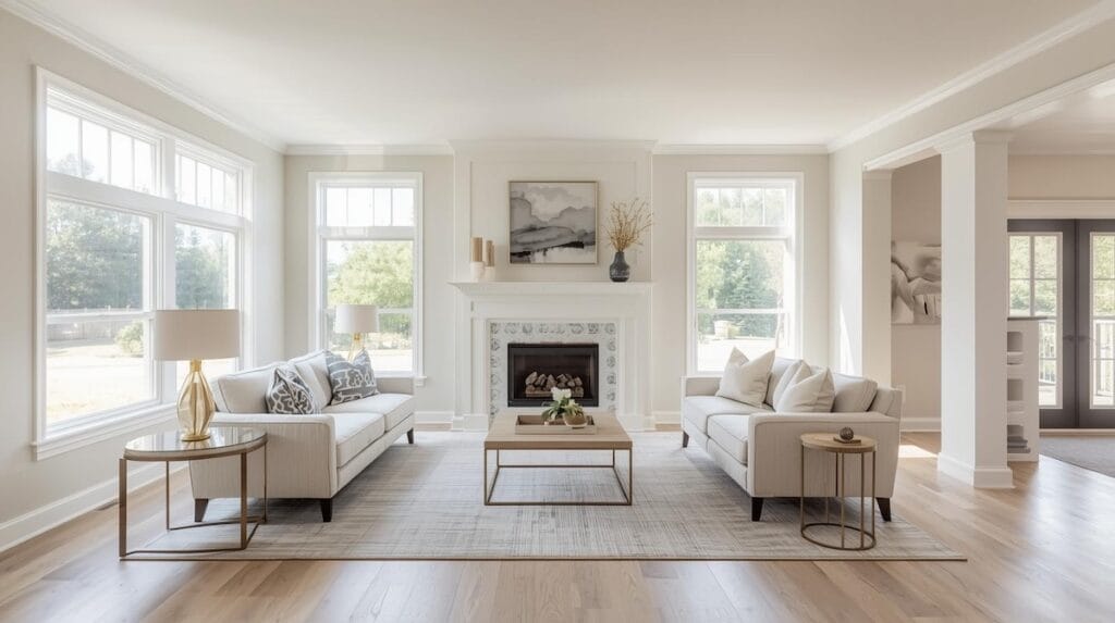 Bright, neutral staged living room with large windows and modern furniture, exemplifying ideal presentation when Selling a Home in Tulsa.
