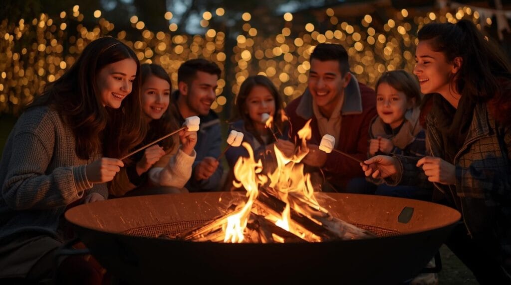 A family gathered around a fire pit roasting marshmallows at the Tulsa Botanic Garden of Lights, surrounded by warm holiday lights in the background.
