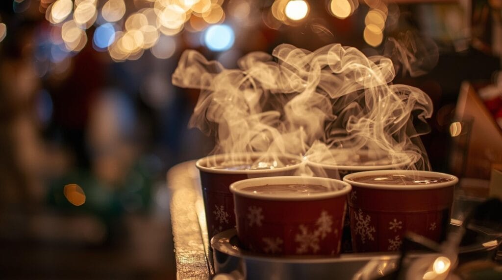 Steaming cups of hot cocoa at the Tulsa Botanic Garden of Lights with warm holiday bokeh lights in the background.
