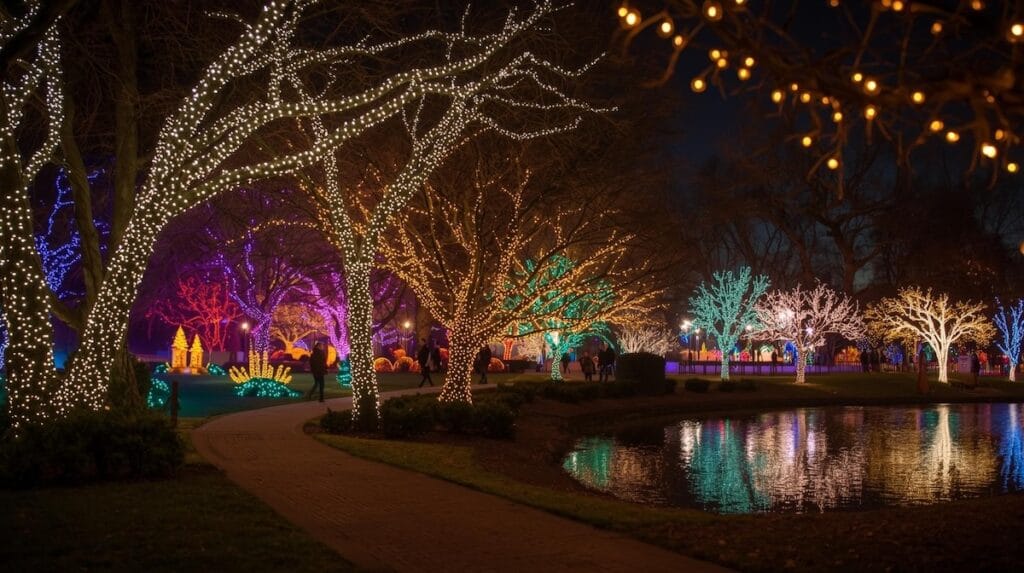 A nighttime scene at the Tulsa Botanic Garden of Lights with trees wrapped in colorful holiday lights, a winding walking path, and reflections glowing on the lake.