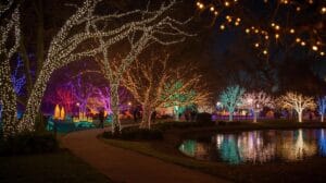 A nighttime scene at the Tulsa Botanic Garden of Lights with trees wrapped in colorful holiday lights, a winding walking path, and reflections glowing on the lake.