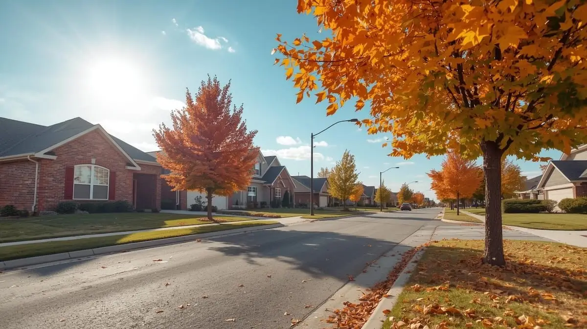 Sunny suburban street in Tulsa with well-kept brick homes and colorful autumn trees, representing the buyer-friendly Tulsa housing market in 2025