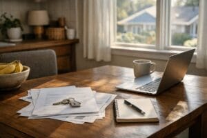 First-time homebuyer planning documents on a kitchen table while preparing to get pre-approved in Tulsa