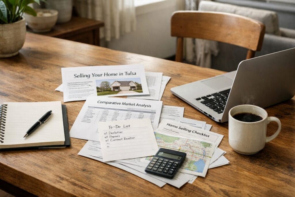 Tulsa home selling timeline planning at a kitchen table with paperwork and laptop