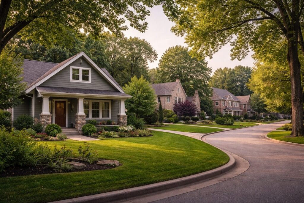 move-up buyers in Tulsa residential street showing a range of mid-sized and larger single-family homes