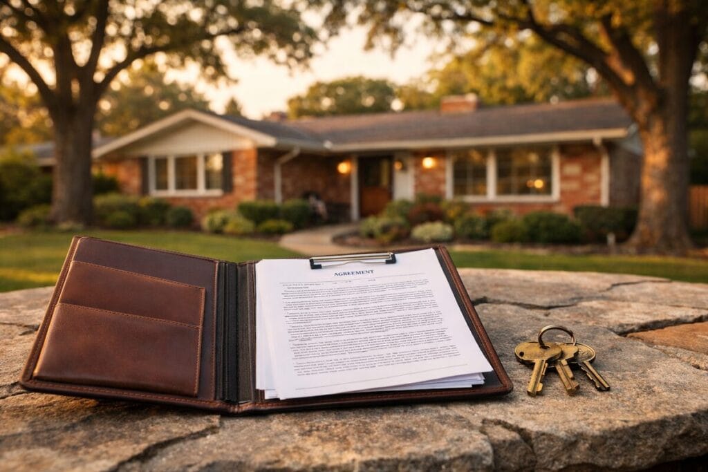A leather portfolio containing legal documents and keys sits in the foreground with a blurred mid-century Tulsa home behind it, illustrating the concept of a Tulsa Probate Guide