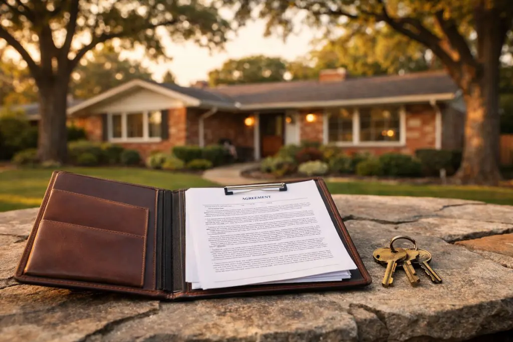 A leather portfolio containing legal documents and keys sits in the foreground with a blurred mid-century Tulsa home behind it, illustrating the concept of a Tulsa Probate Guide