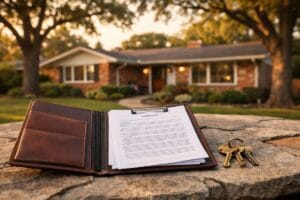 A leather portfolio containing legal documents and keys sits in the foreground with a blurred mid-century Tulsa home behind it, illustrating the concept of a Tulsa Probate Guide