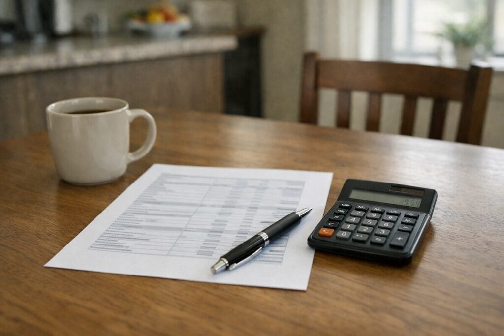Seller net sheet and calculator on a desk inside a Tulsa home