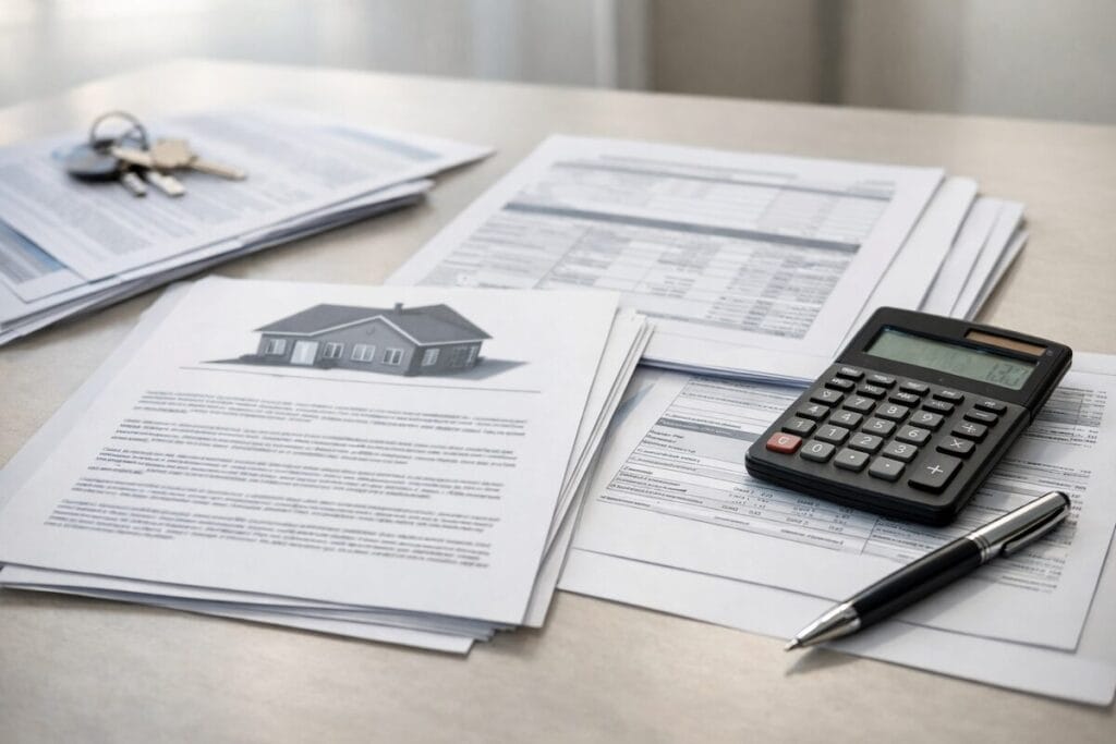 Organized financial documents with a calculator related to a home purchase