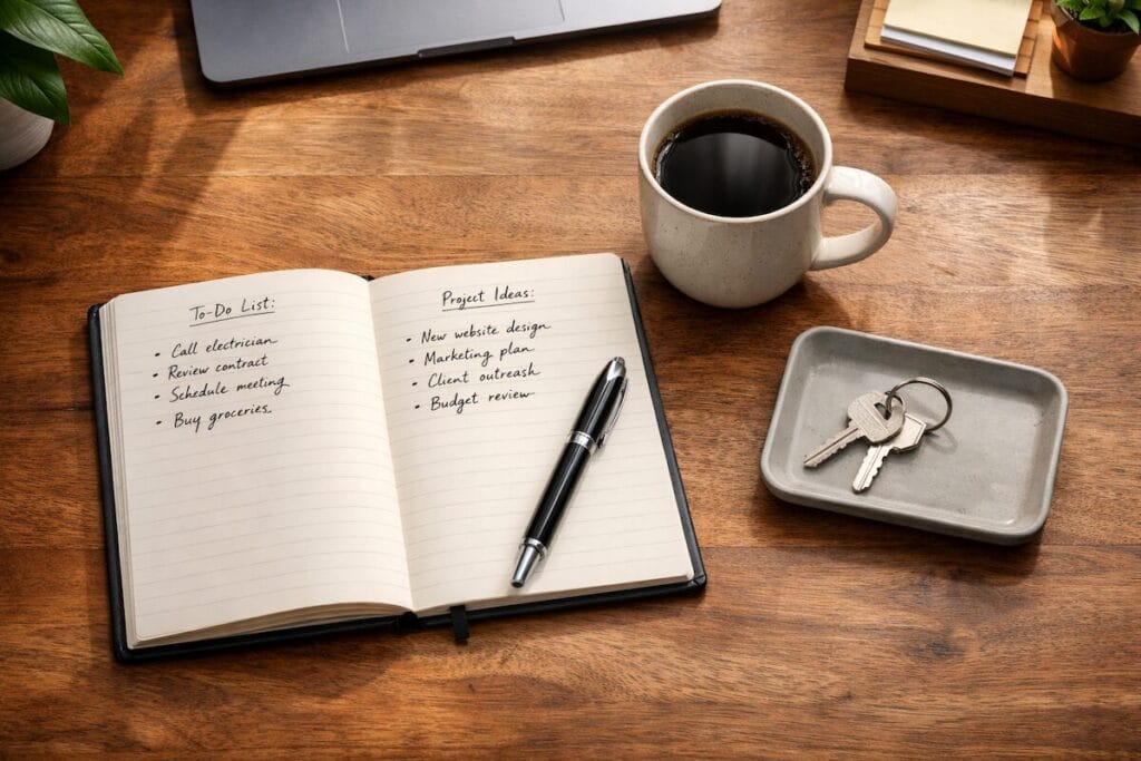 An organized desk with a notebook, pen, coffee, and house keys ready for an executor to begin their duties.