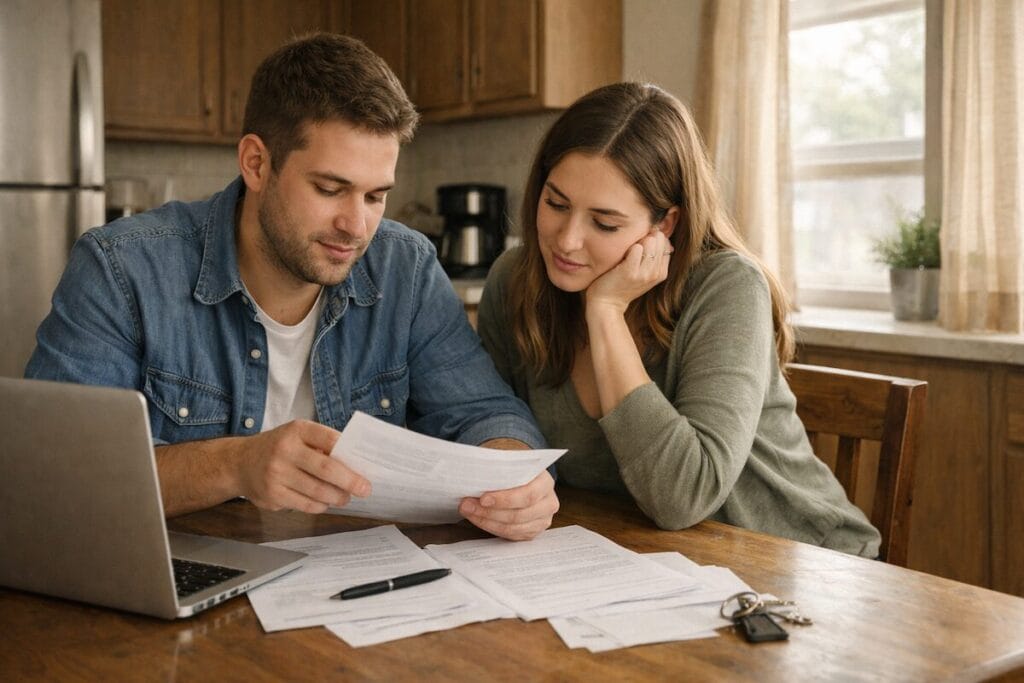 First-time homebuyers in Tulsa reviewing mortgage paperwork at home