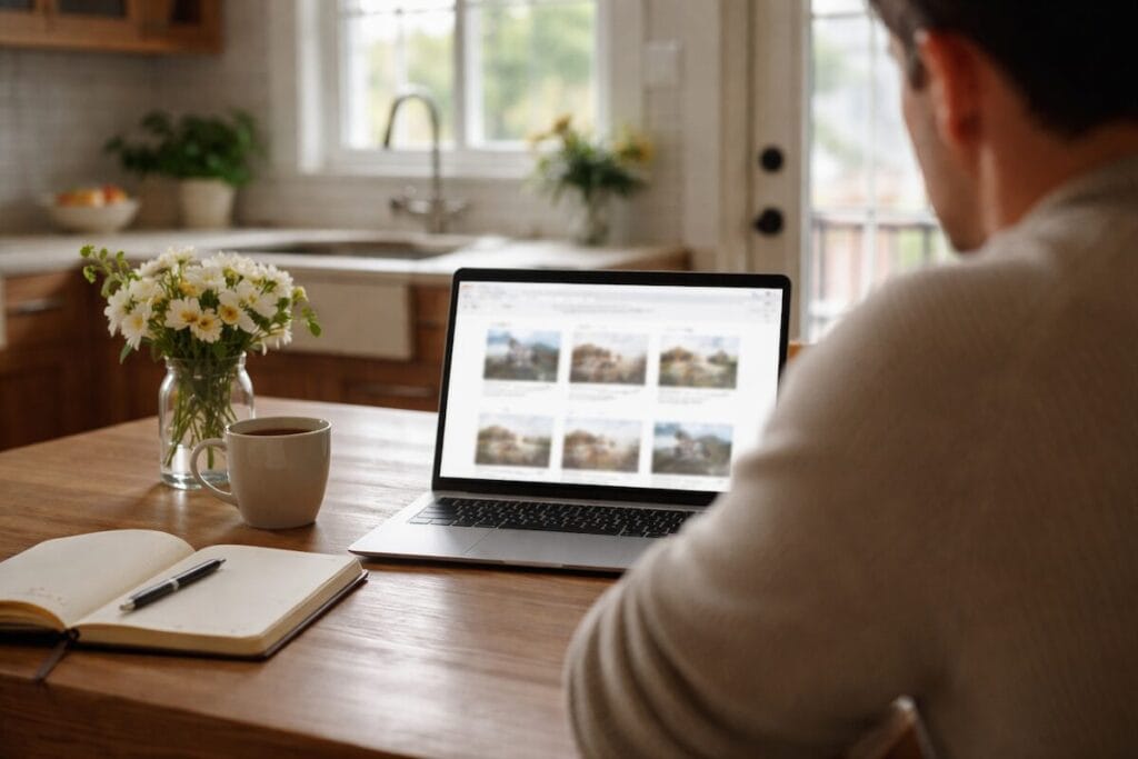 Home buyer reviewing Tulsa real estate listings on a laptop at a kitchen table