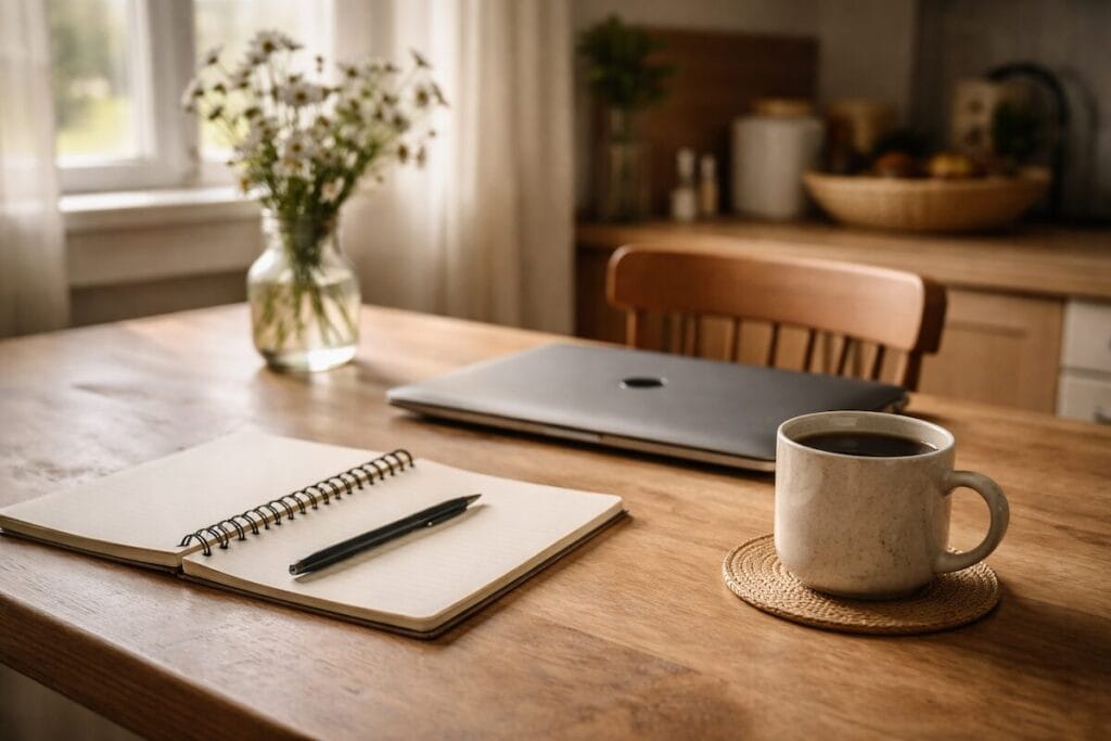 Tulsa homeowner planning next move at kitchen table with notebook and laptop