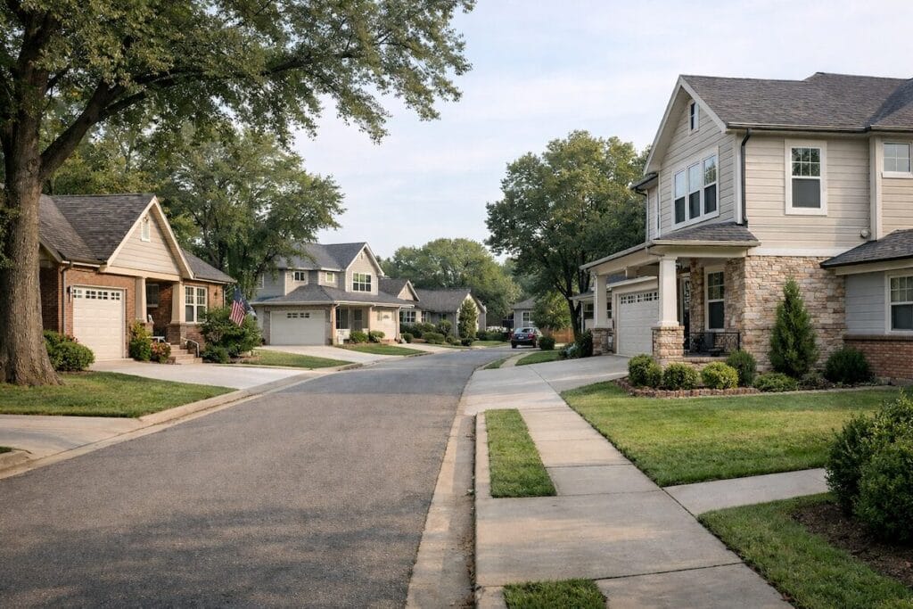 Tulsa neighborhood with a mix of established homes and newer construction along a residential street
