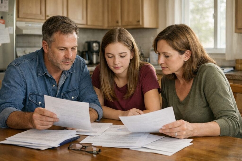 Family reviewing probate documents together in a Tulsa-area home