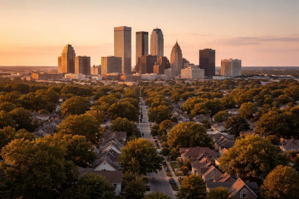 Tulsa skyline with nearby residential neighborhoods at sunset