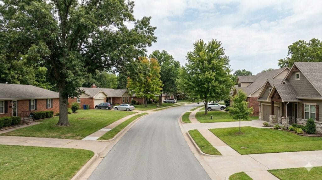 Tulsa suburban neighborhood with established and newer single-family homes