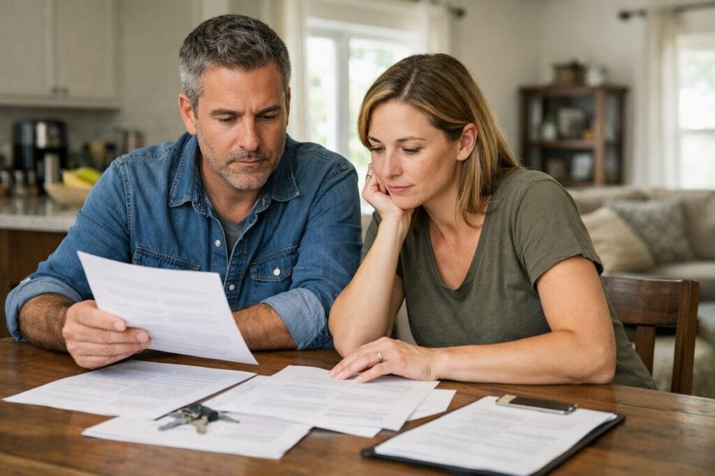 Homeowners reviewing real estate listing paperwork at a dining table in a Tulsa home