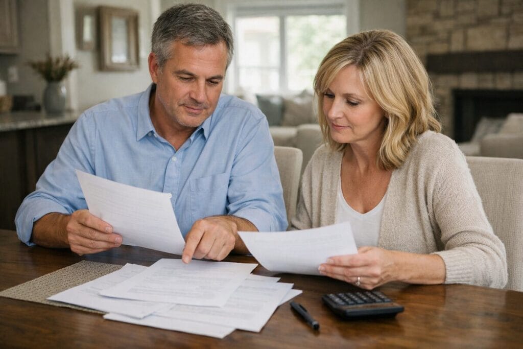 Homeowners reviewing real estate paperwork together at a dining table in a Tulsa home