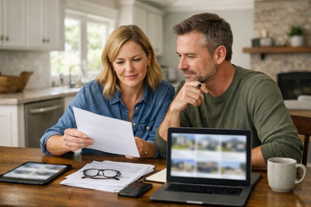 Move-up buyers reviewing home options at a kitchen table