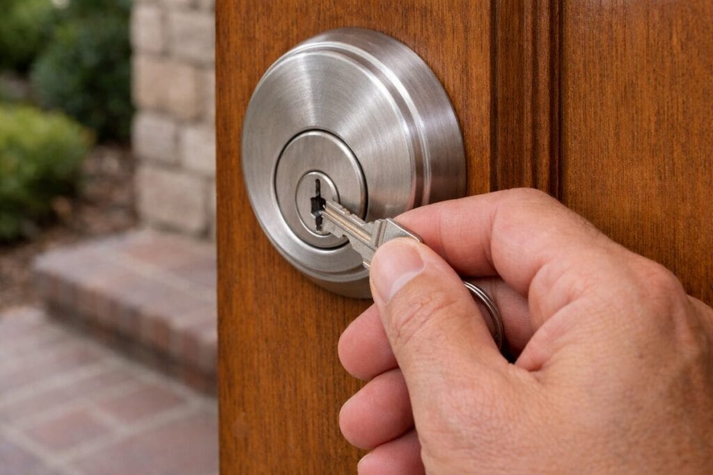 A close-up view of a hand re-keying a deadbolt lock on a front door to secure a property