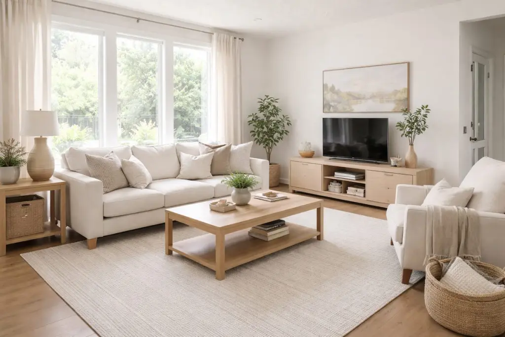 Decluttered Tulsa living room prepared for home listing photos