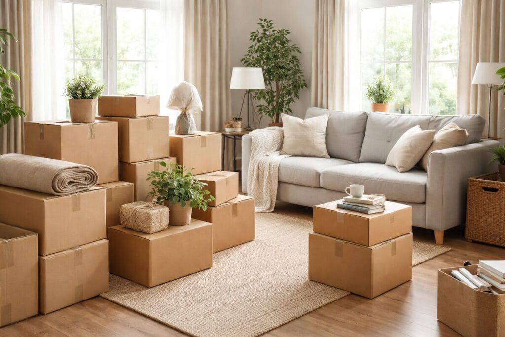 Living room in a Tulsa home with moving boxes prepared for an upcoming move