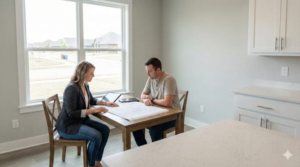 Homebuyer and real estate agent reviewing floor plans in a Tulsa-area model home