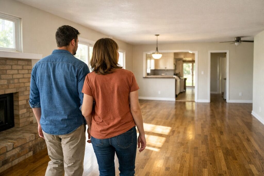 Couple touring an empty Tulsa living room before selling their current home