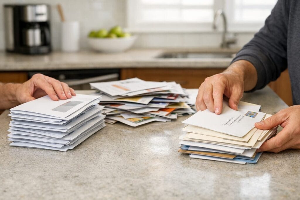 Hands sorting a large stack of mail on a kitchen counter, separating financial statements from personal correspondence.