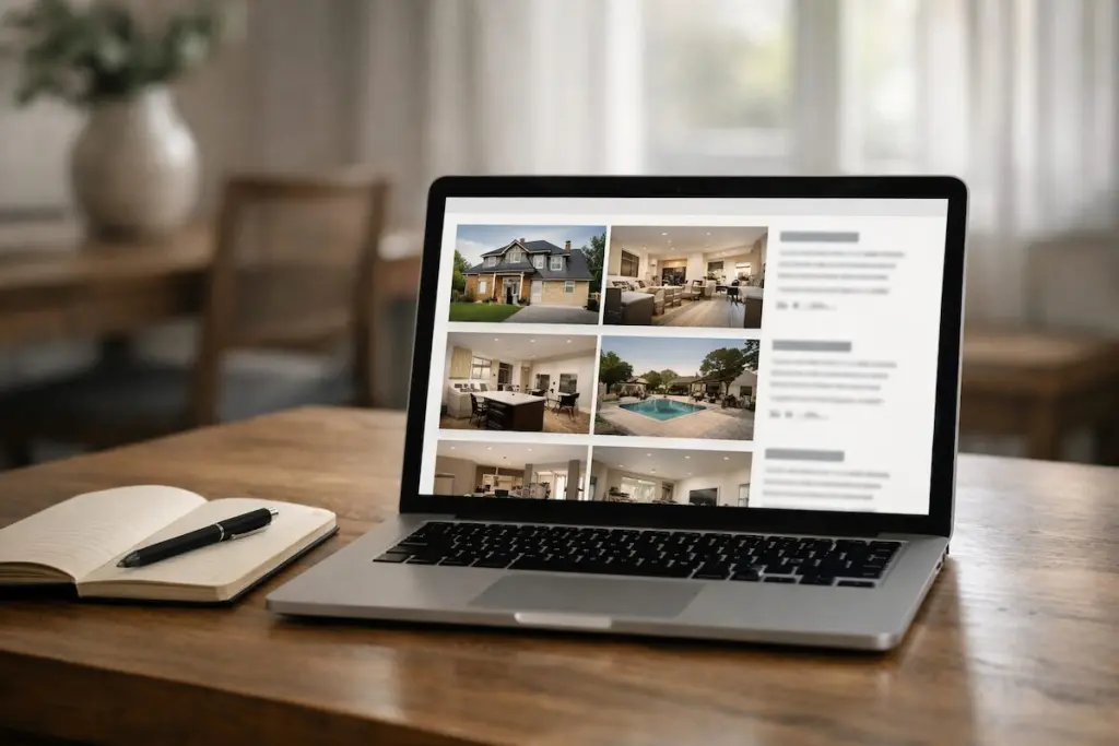 Reviewing Tulsa home listing photos on a laptop