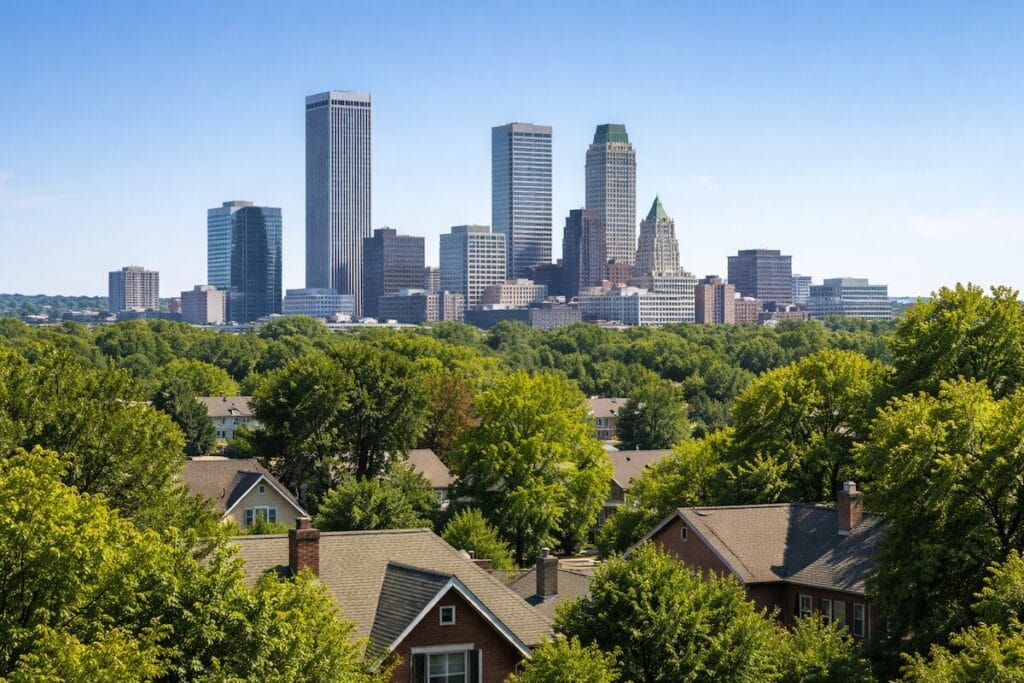 Tulsa skyline viewed from a nearby residential neighborhood