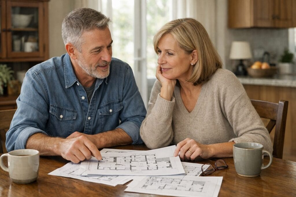 Empty-nester couple in Tulsa reviewing floor plans while downsizing