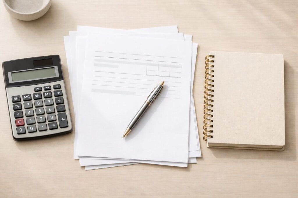 Calculator and paperwork on a desk representing financial planning for a home sale and purchase