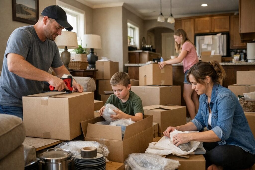 Family packing moving boxes inside a Tulsa home during a move-up transition
