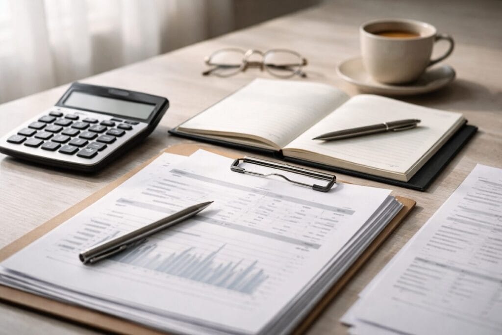 Organized financial paperwork and calculator used for mortgage preparation