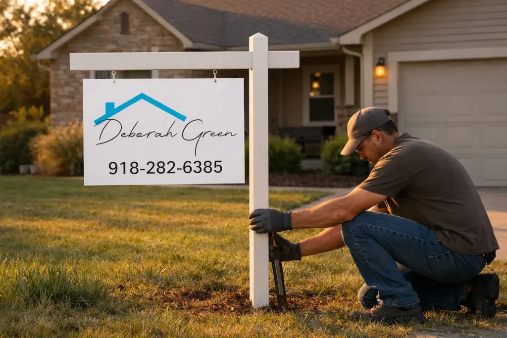 For sale sign placed in front yard of a Tulsa suburban home