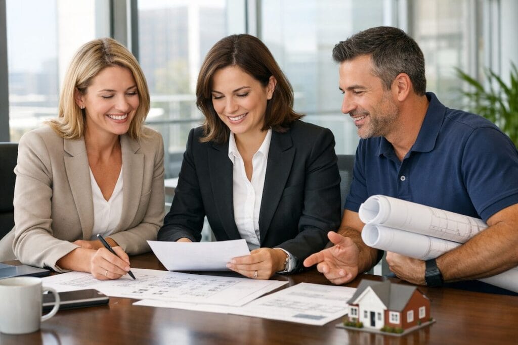 A meeting between a real estate agent, an attorney, and a contractor discussing estate plans at a conference table.