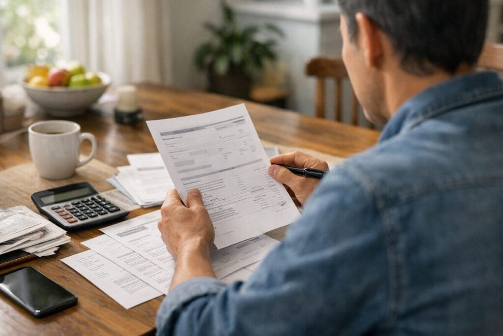 Homebuyer reviewing credit-related paperwork at a table