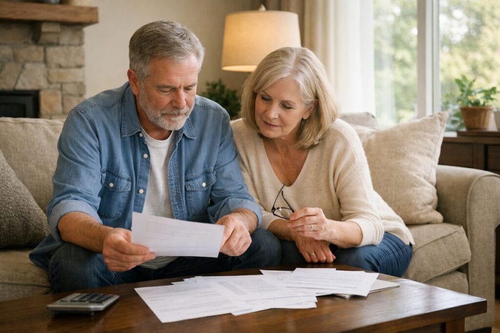 Older couple reviewing home-related paperwork in a comfortable Tulsa living room