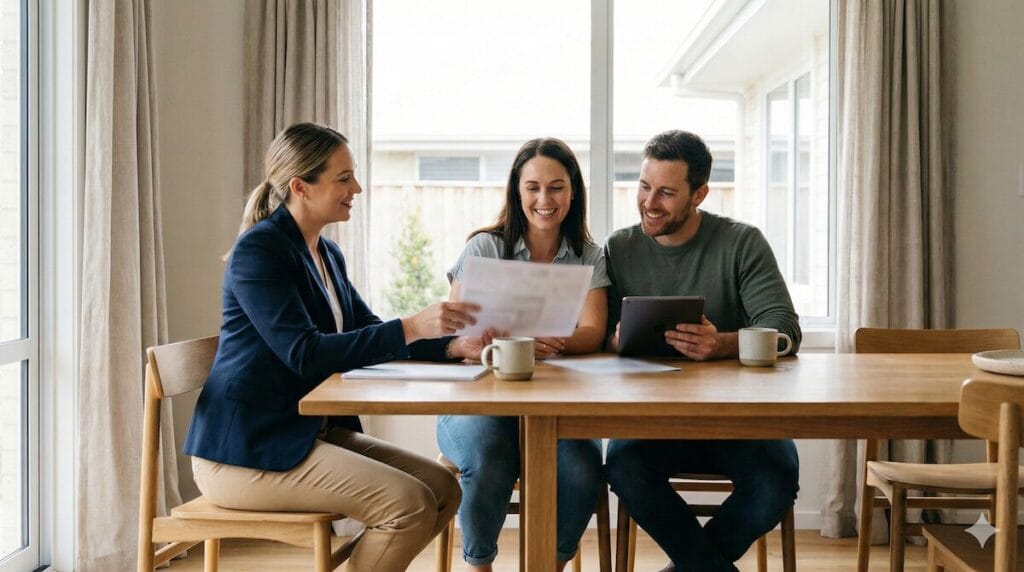 Homeowners and real estate agent reviewing a move-up home strategy at a table