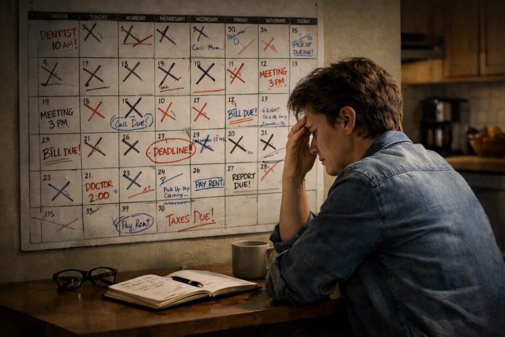 A stressed individual looking overwhelmed while reviewing a busy calendar filled with probate deadlines.