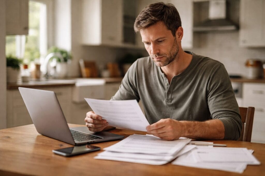 Tulsa homeowner reviewing financial documents at a kitchen table