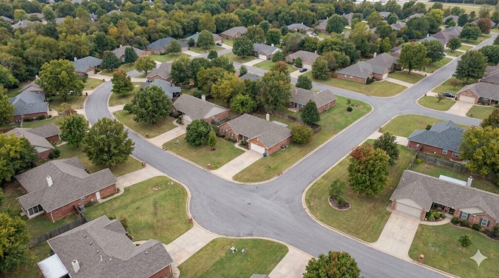 Aerial view of a Tulsa suburban neighborhood
