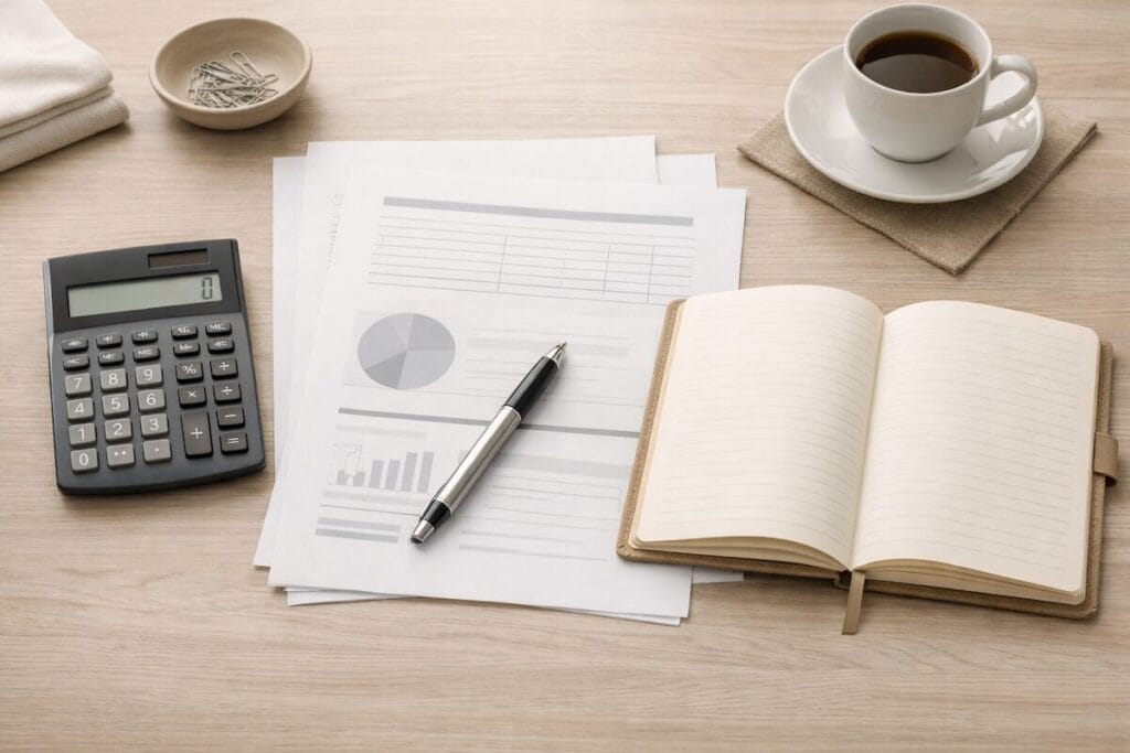 Calculator and paperwork used for home financial planning