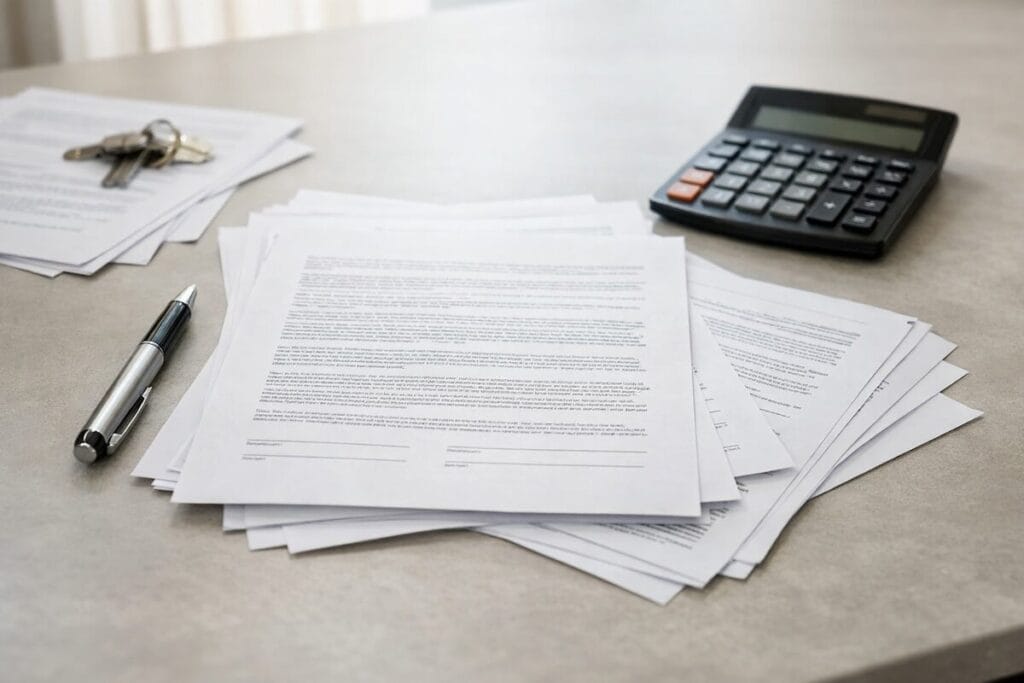 Close-up of real estate contract documents with a pen and calculator on a table